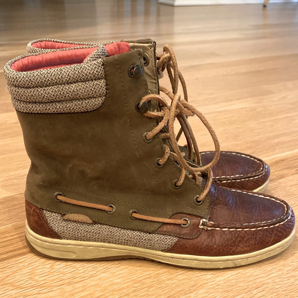 Sperry Womens Lace Up Ankle Boots Olive Green & Brown Leather / Size 7.5